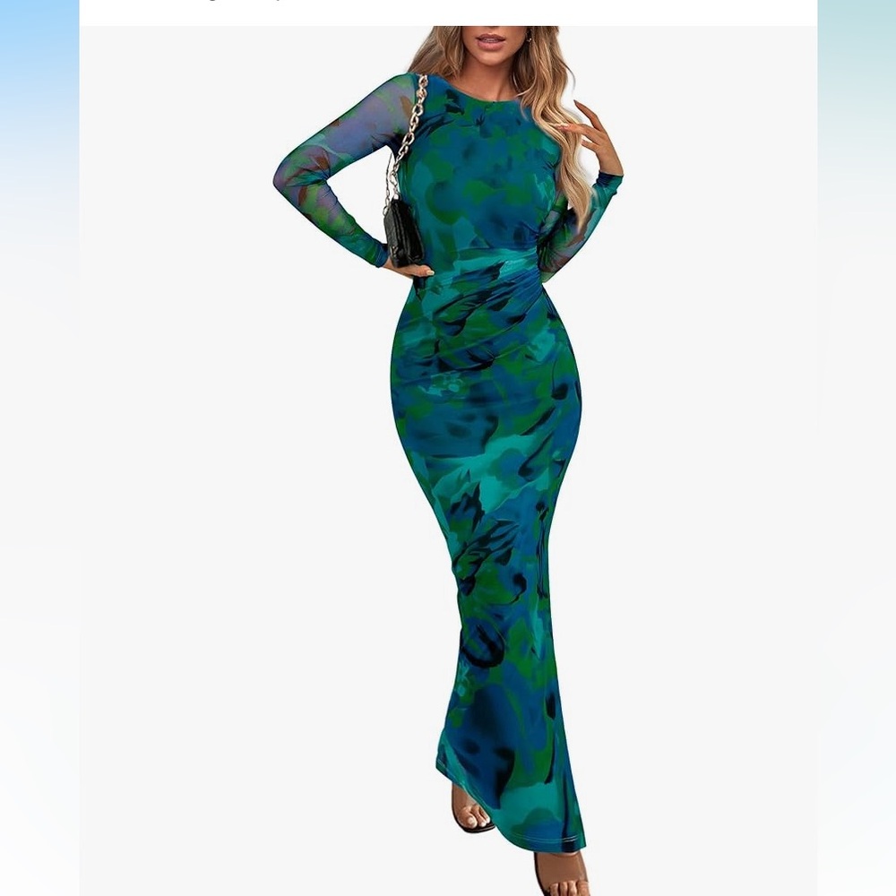 Blue and Green Long Sleeve Mesh Watercolor Maxi Dress
